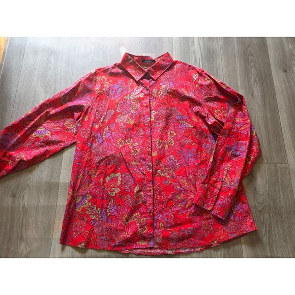 Lands End Womens No Iron Supima Cotton Shirt Size 18 Red Paisley Long Sleeve - Picture 4 of 7